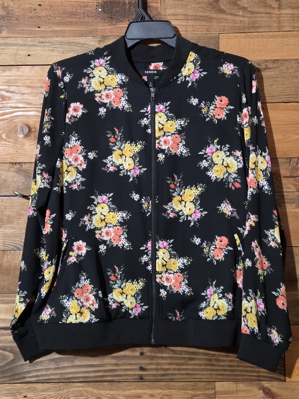 Torrid Dark Floral Poly Crepe Bomber Jacket Size 2 Semi Sheer Plus Size Office